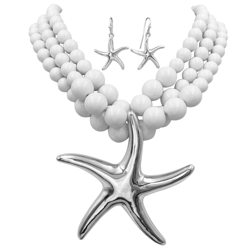 Large Silver Starfish White Necklace Earrings Set